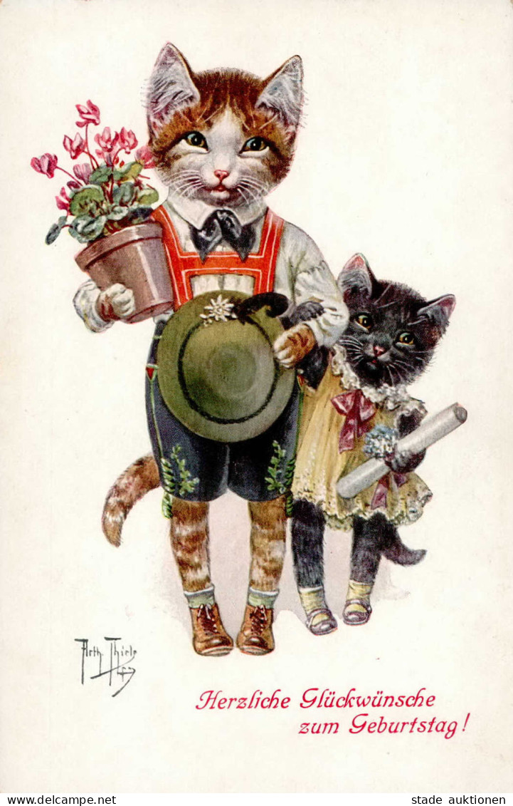 Thiele, Arthur Geburtstag Katzen Vermenschlicht Tracht Blumen I-II (Randmangel, Ecken Abgestossen) Chat - Thiele, Arthur