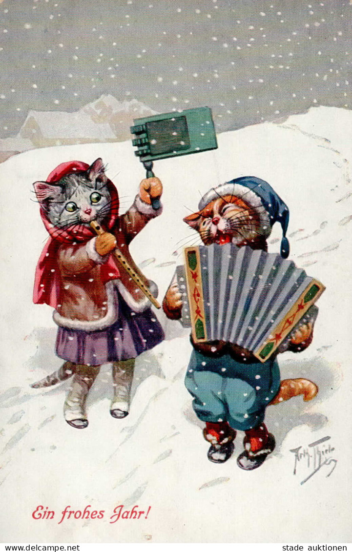Thiele, Arthur Neujahr Katzen Vermenschlicht Musizierend Akkordeon Ratsche Flöte Winter Schnee I-II (RS Fleckig, Ecken A - Thiele, Arthur