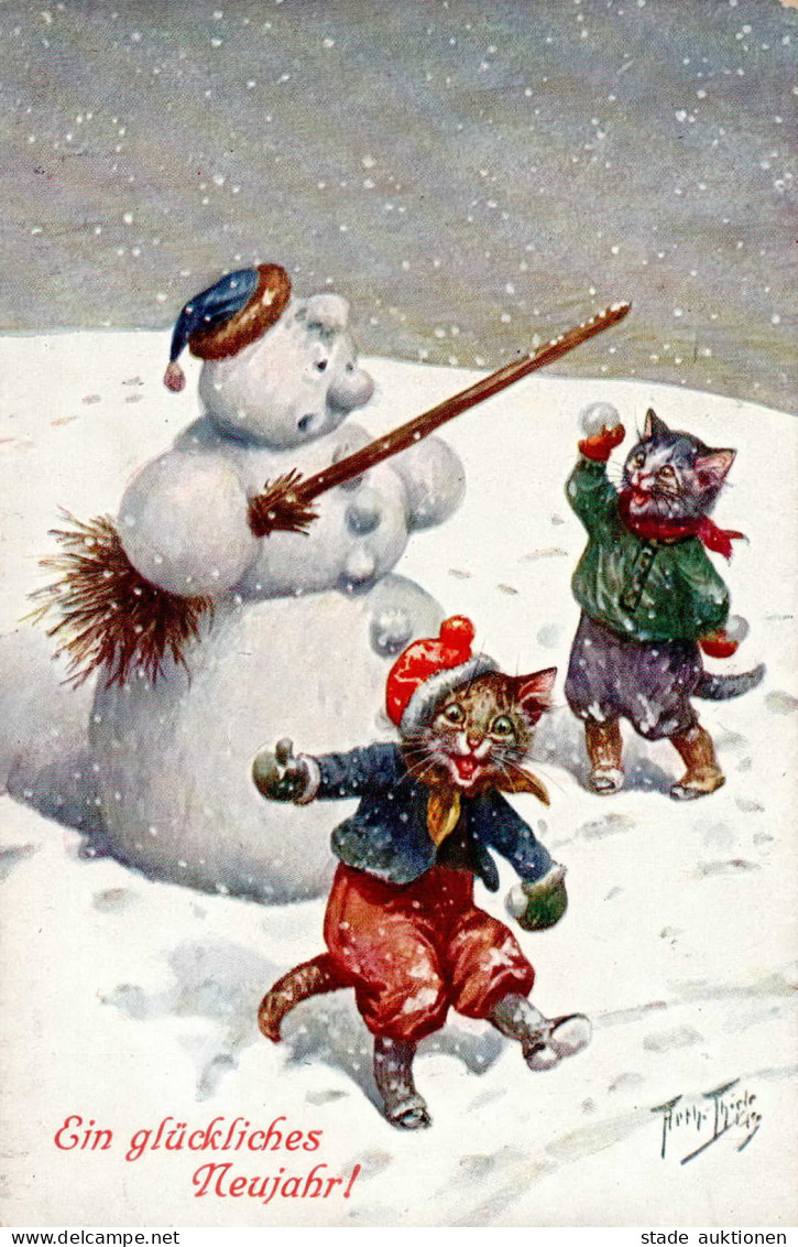 Thiele, Arthur Neujahr Katzen Vermenschlicht Schneemann Winter I-II (Ecken Abgestossen) Bonne Annee Chat - Thiele, Arthur