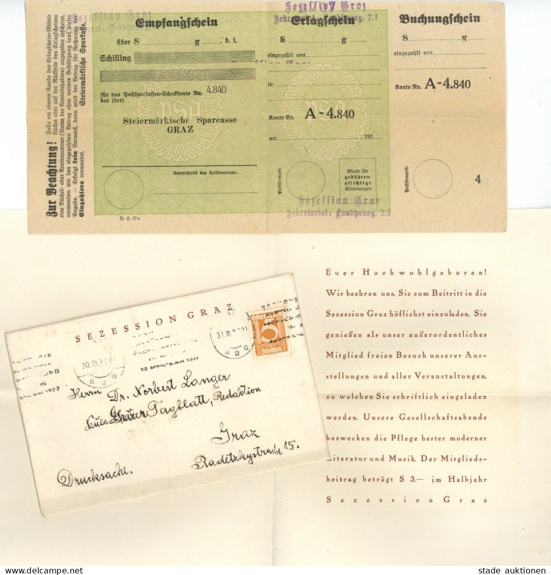 Kunstgeschichte Graz Sezession 1927 Briefumschlag, Beitrittseinladung Und Einzahlerschein - Unclassified