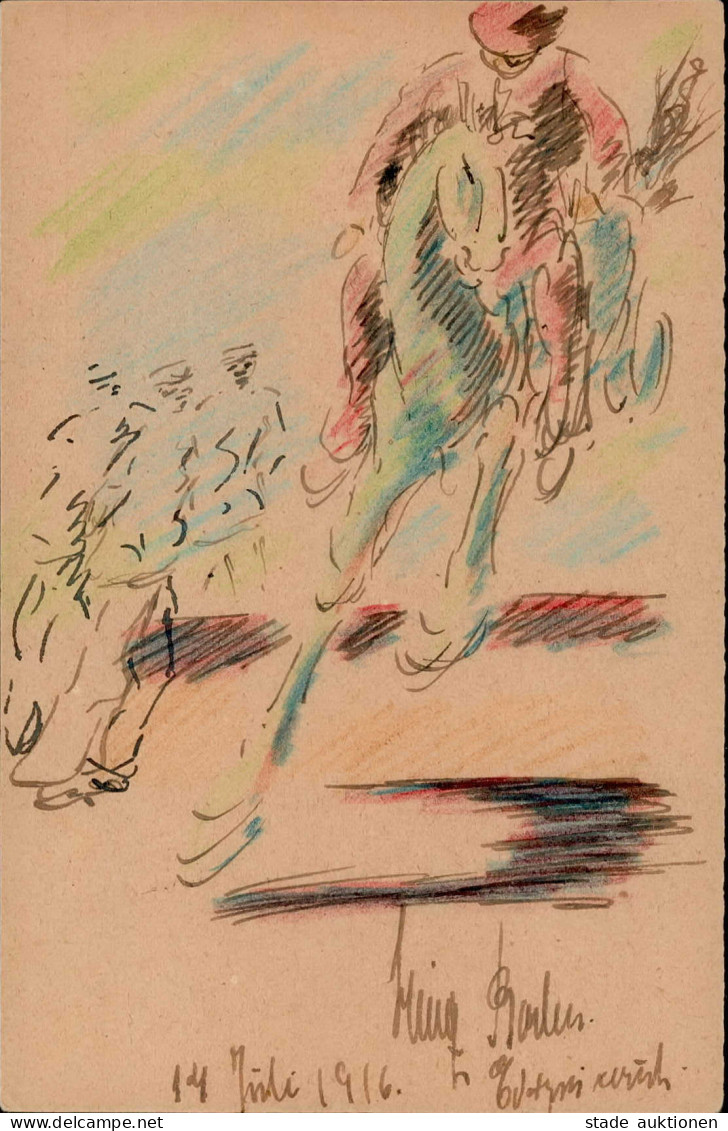 Handgemalt Sign. Baden, Heinz (1887-1954) Maler. Reiter Auf Pferd Koloriert Auf Feldpostkarte 14.7.1916 I-II Peint à La  - Unclassified