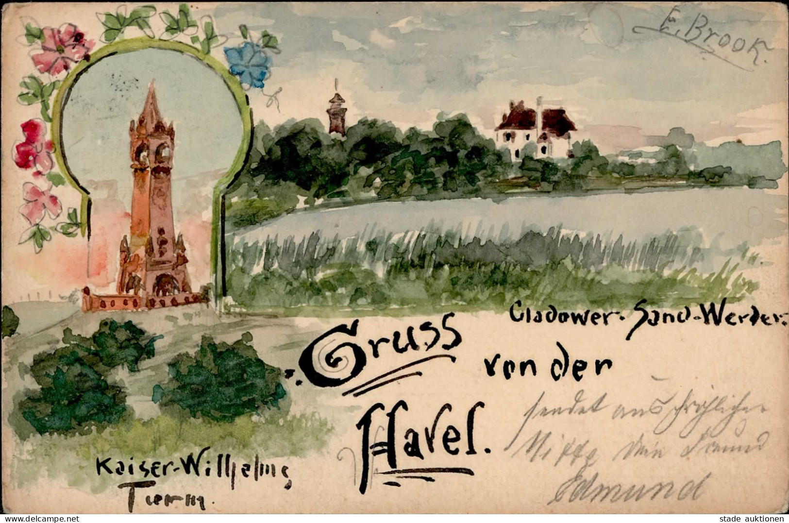 Handgemalt Berlin Havel Kaiser Wilhelm-Turm Kladow Sandwerder 1899 I-II (Ecken Bestossen) Peint à La Main - Non Classificati