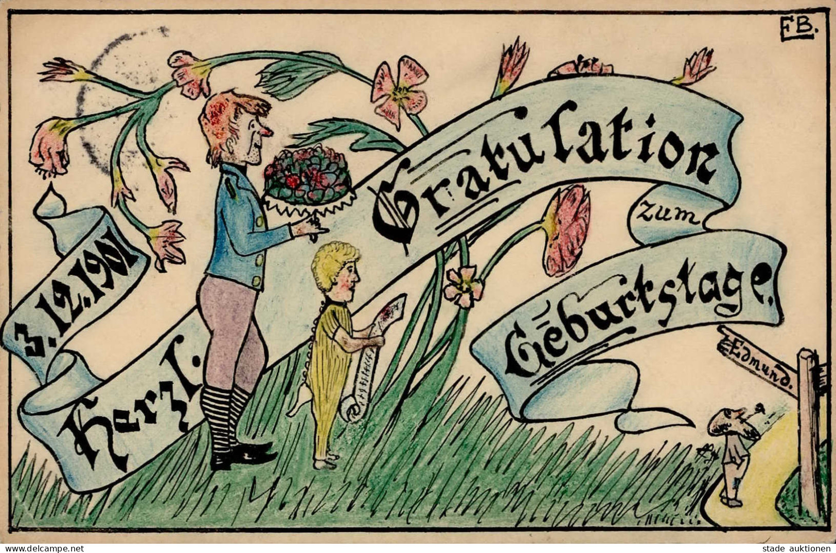 Handgemalt Geburtstag 1901 Sign. Brook, Edmund I-II Peint à La Main - Unclassified