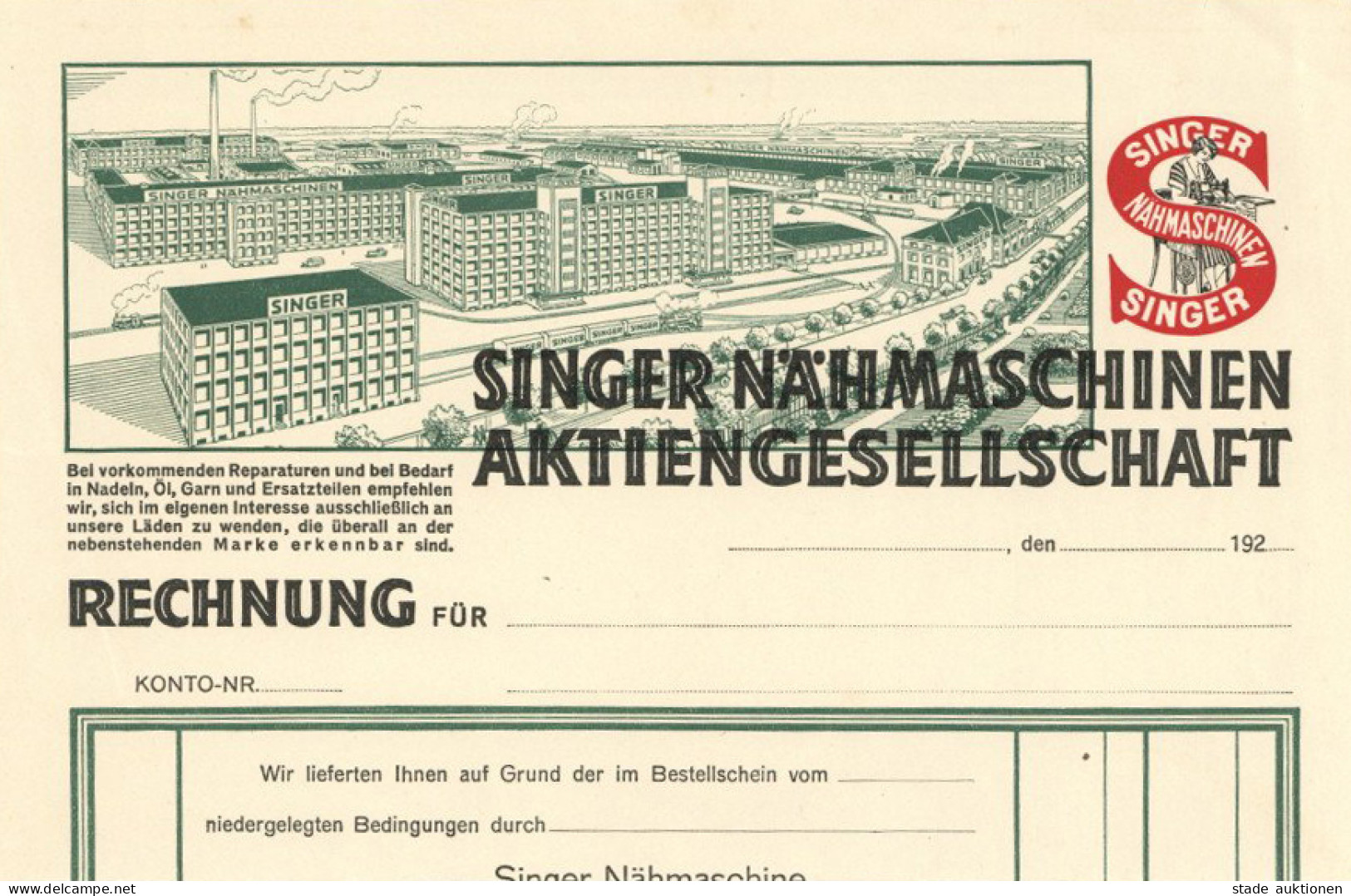 Firmenrechnung Singer Nähmaschinen AG, Original-Blanko-Rechnung Aus Den 1920er Jahren I-II - Ohne Zuordnung