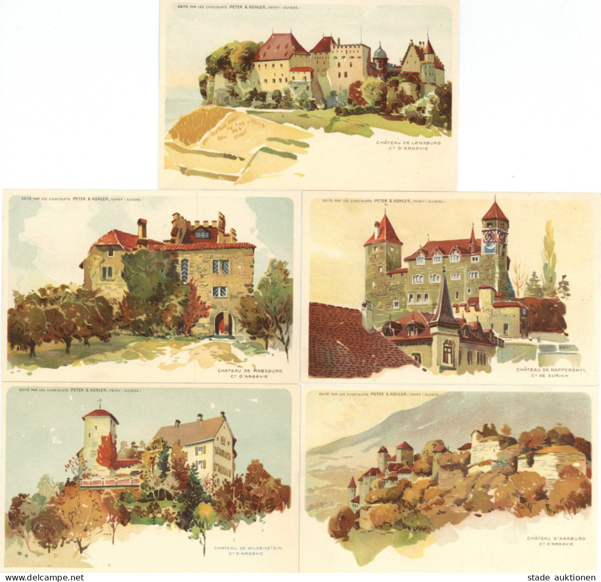 Schokolade Peter Und Kohler Chateau-Serie Lot Mit 5 Künstlerkarten I-II - Bierbeek