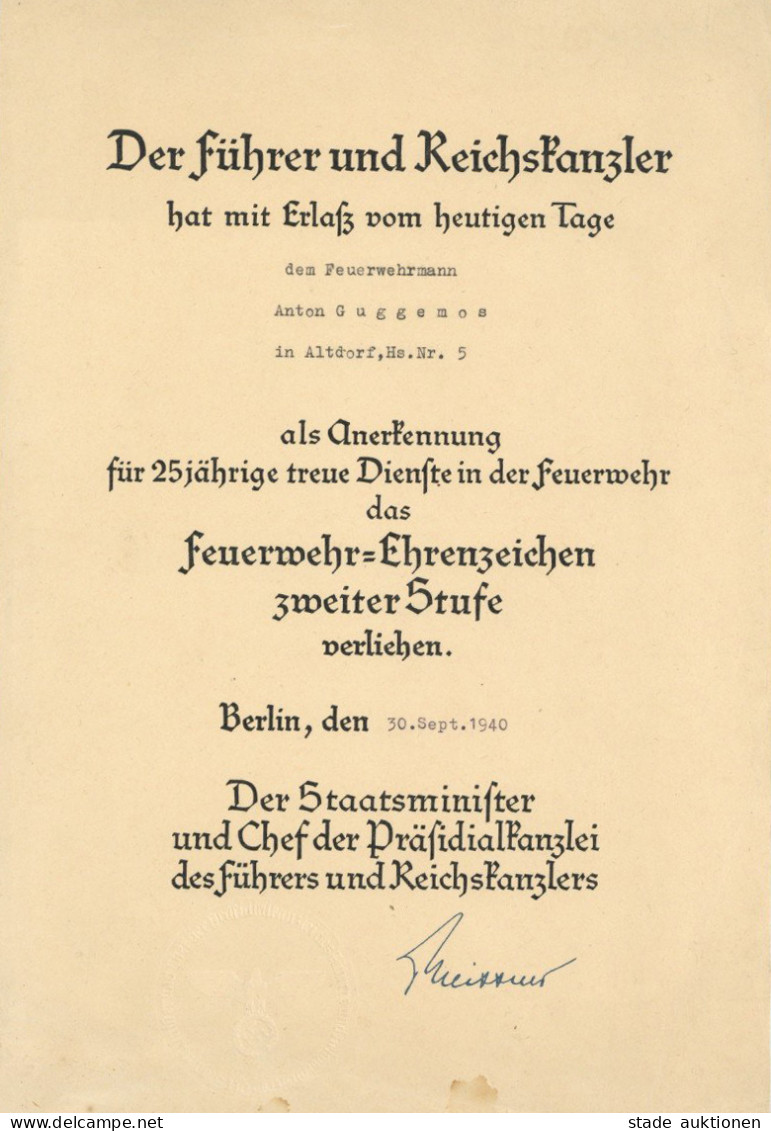 Feuerwehr Verleihungsurkunde Des Feuerwehr-Ehrenzeichnens Zweiter Stufe An Anton Guggemos Am 30. September 1940 II (unte - Firemen