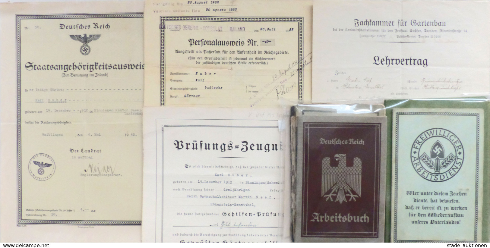 Beruf Kompletter Nachlass Des Deutschen Wanderarbeiters Als Gärtner Huber 1927-1945, Karl Schul-, Prüfungszeugnis, Lehrv - Köhler, Mela