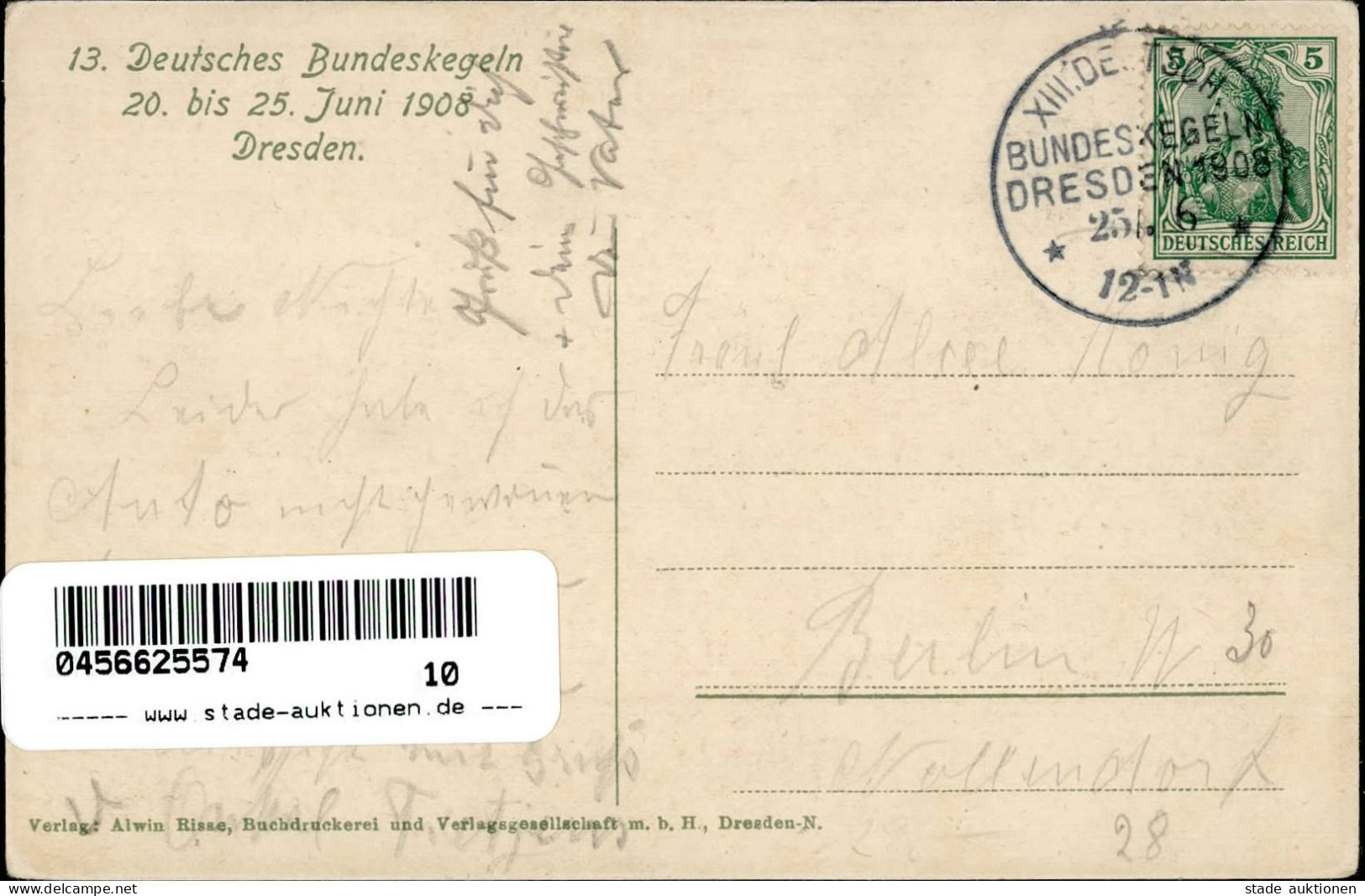 DRESDEN - S-o XIII.DEUTSCH. BUNDESKEGELN DRESDEN 25.6.1908 Auf Entspr. Seltener So-Karte I-II - Expositions