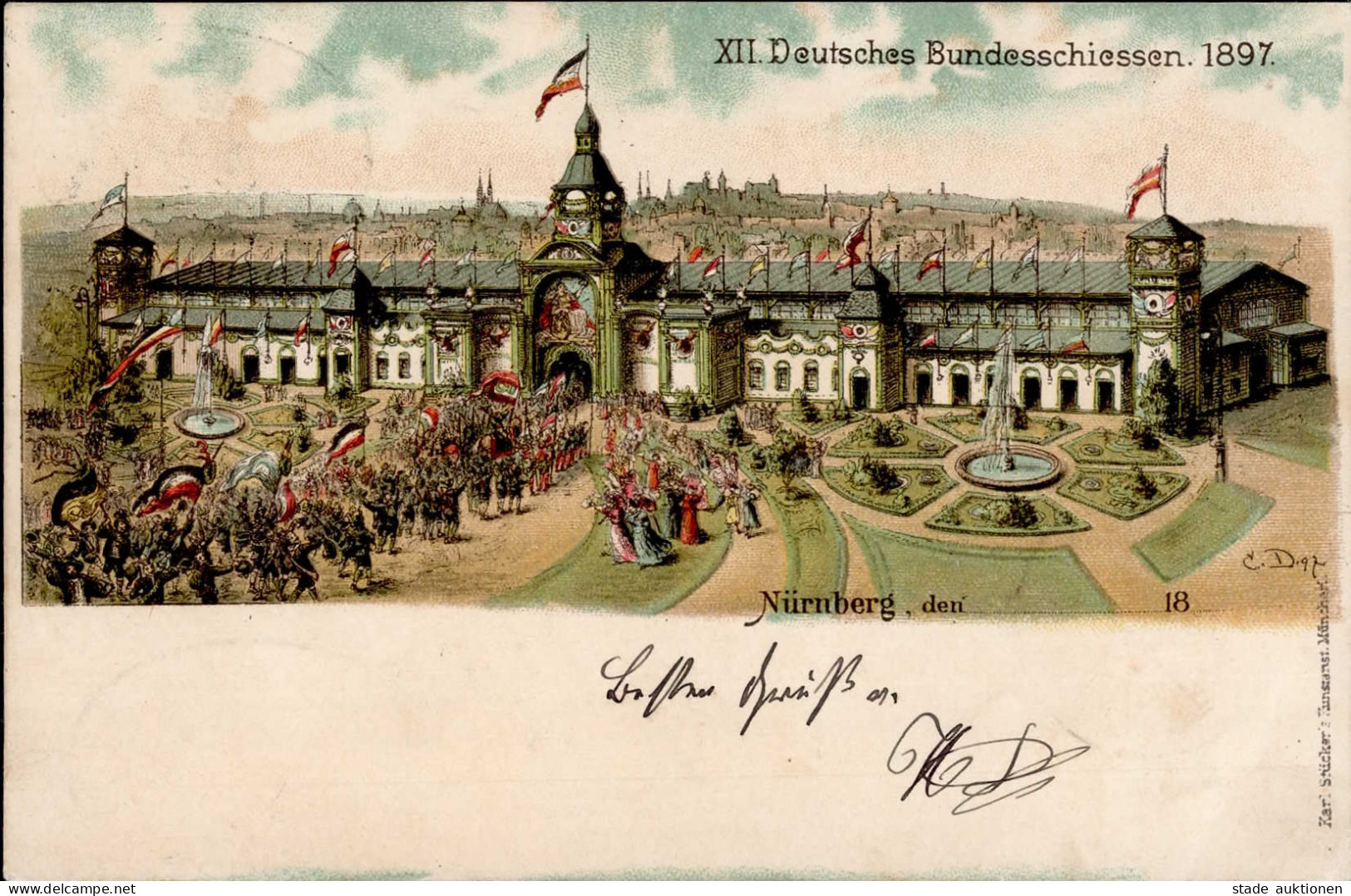 Anlass-Karte Nürnberg XII. Bundesschiessen 1897 Mit Entsprechenden Sonderstempel I-II (Eckbug) - Expositions