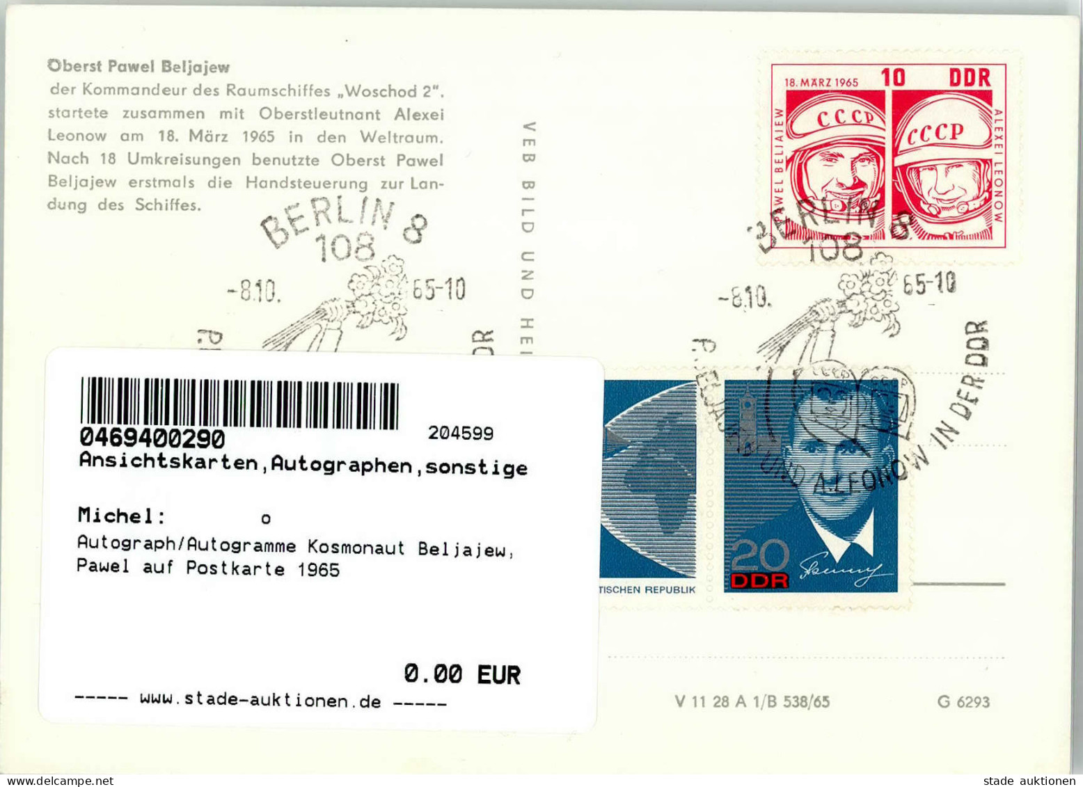 Autograph/Autogramme Kosmonaut Beljajew, Pawel Auf Postkarte 1965 - Autres & Non Classés