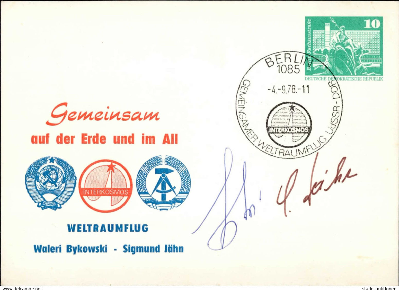 Autograph/Autogramme Kosmonauten Jähn, Sigmund Und Bykowski, Waleri Auf DDR-Ganzsache 1978 - Autres & Non Classés