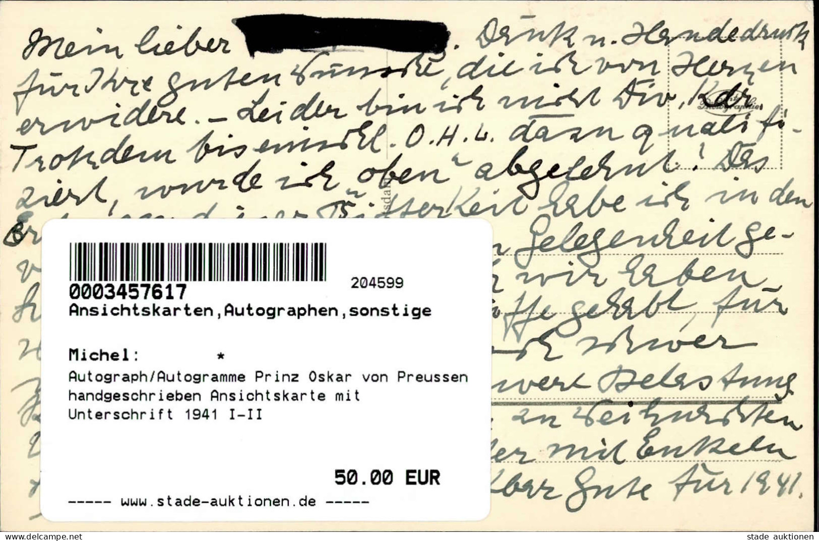 Autograph/Autogramme Prinz Oskar Von Preussen Handgeschrieben Ansichtskarte Mit Unterschrift 1941 I-II - Altri & Non Classificati