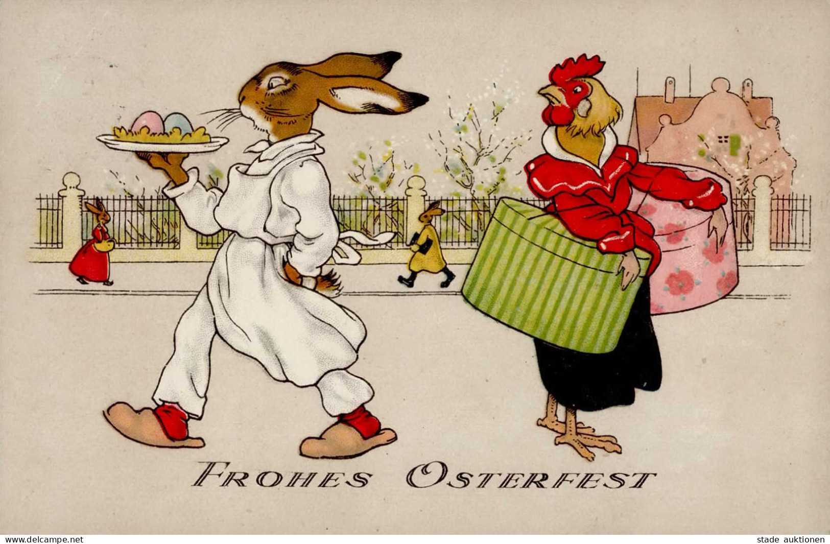 Ostern Frohes Osterfest Hahn Und Hase Vermenschlicht I-II Paques - Easter