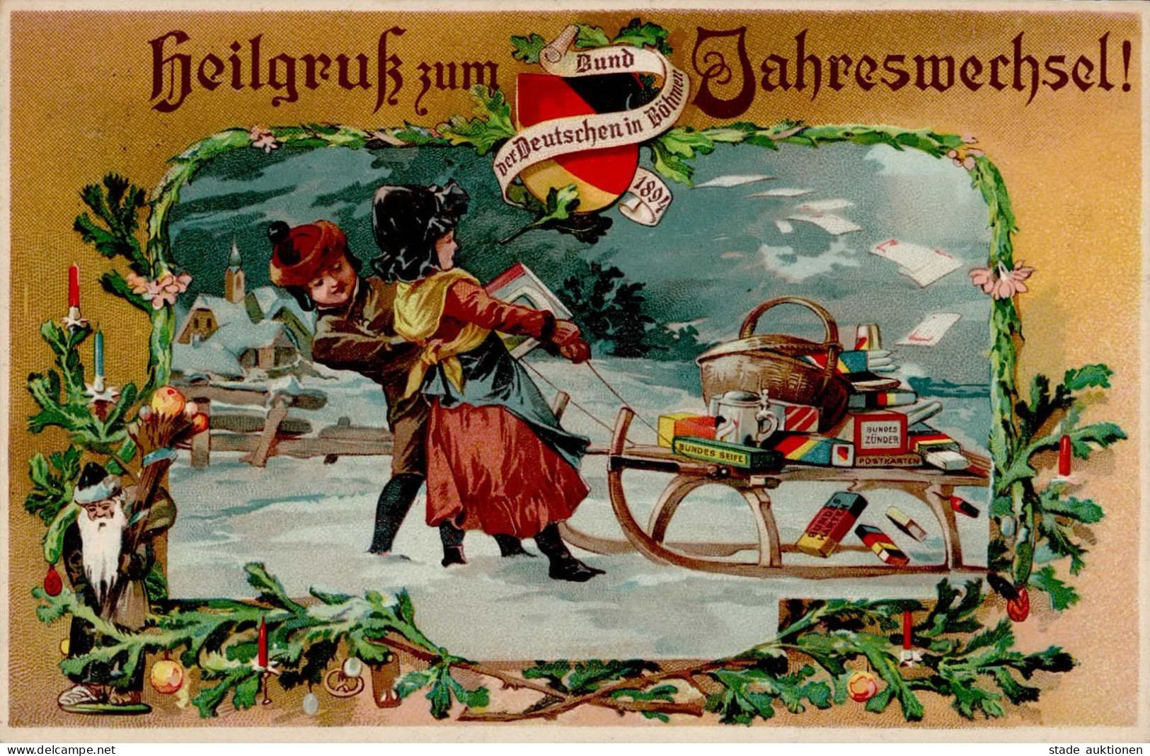 Neujahr Heilgruss Zum Jahreswechsel Weihnachtsmann Schlittenfahrt Bund Der Deutschen In Böhmen 1894 I-II Pere Noel Bonne - Neujahr