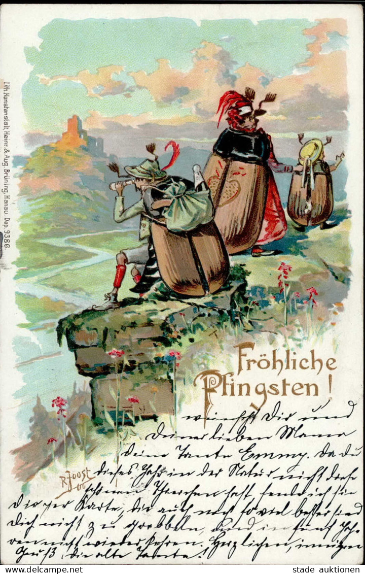 Pfingsten Maikäfer Vermenschlicht Wandern Fröhliche Pfingsten Prägedruck 1900 I- Hanneton - Pentecoste