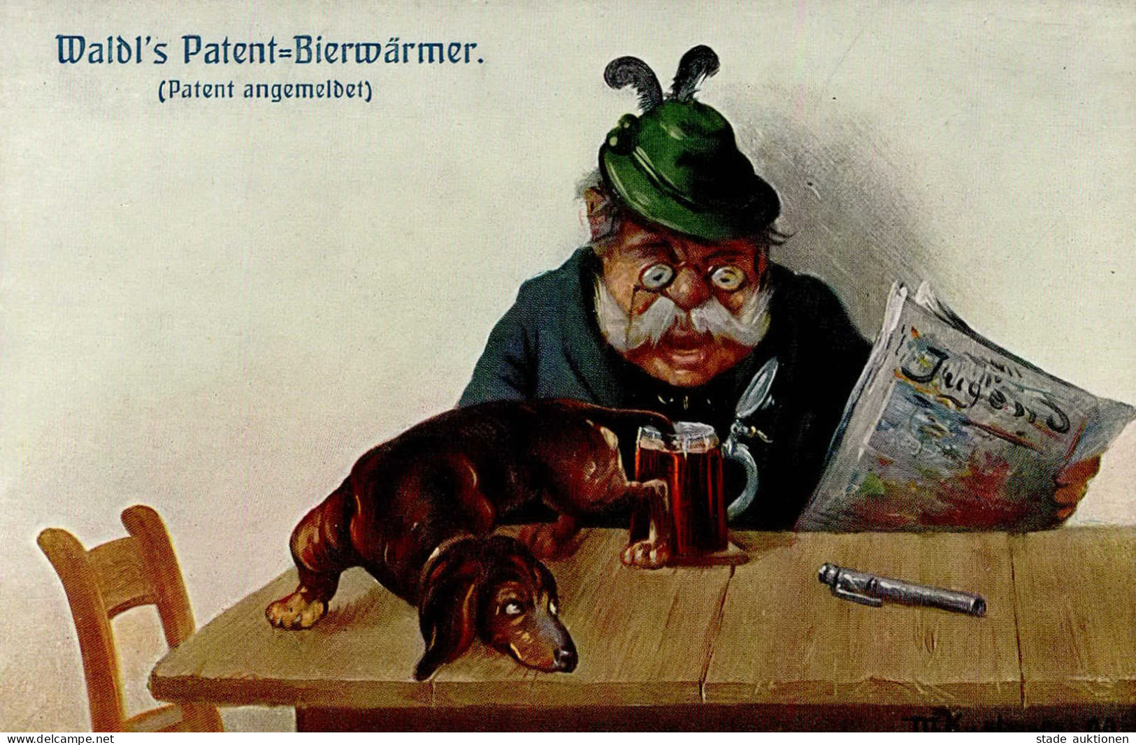 Dackel Künstlerkarte Sign. M. Kuglmayr Waldl`s Patent Bierwärmer I- - Chiens