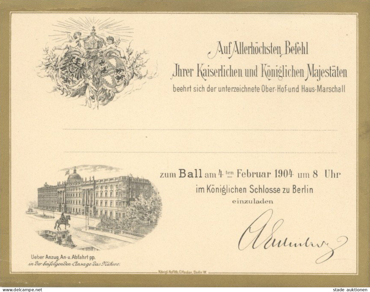 Adel Preussen Blanko-Einladungskarte Zum Ball Im Königlichen Schloss 1904 Mit Gedruckter Unterschrift Ober-Hofmarschall  - Geschichte