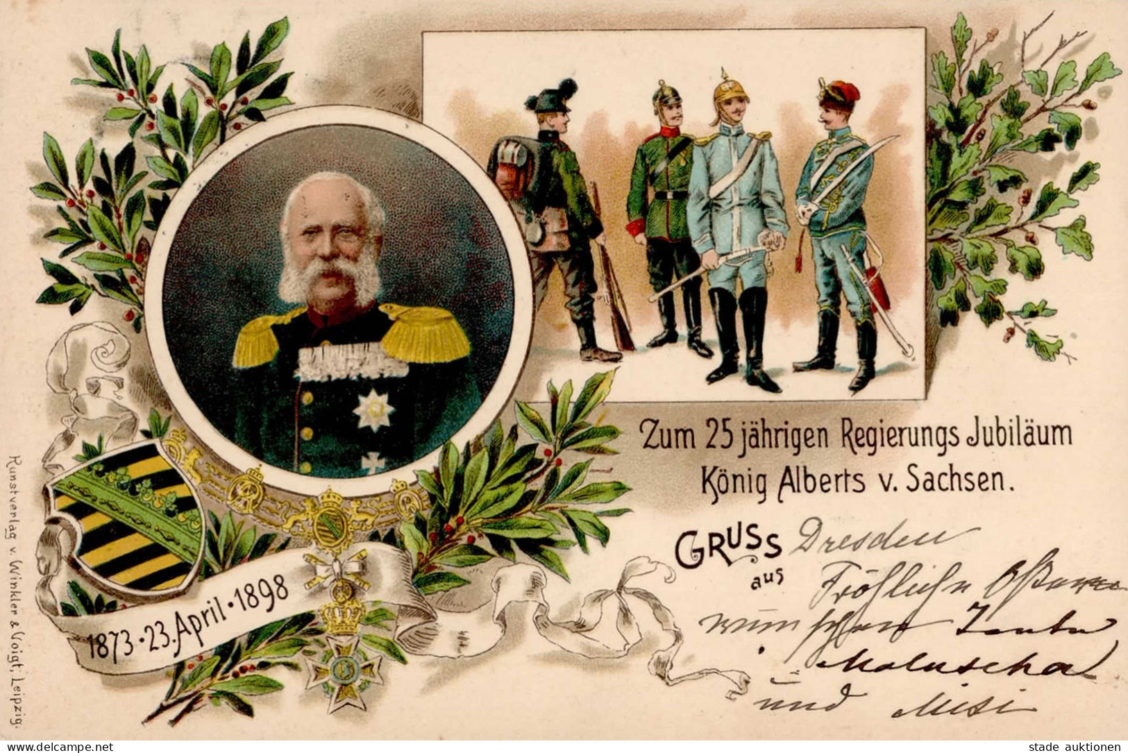 Adel Sachsen König Alberts Von Sachen  1873- 23. April 1898 Zum 25. Regierungs Jubiläum I-II (Marke Teilw. Entfernt, Eck - History