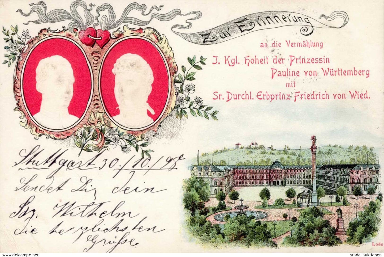 Adel Württemberg Prinzessin Pauline Von Württemberg Und Erbprinz Friedrich Von Wied Erinnerung Zur Vermählung 1898 Präge - Storia