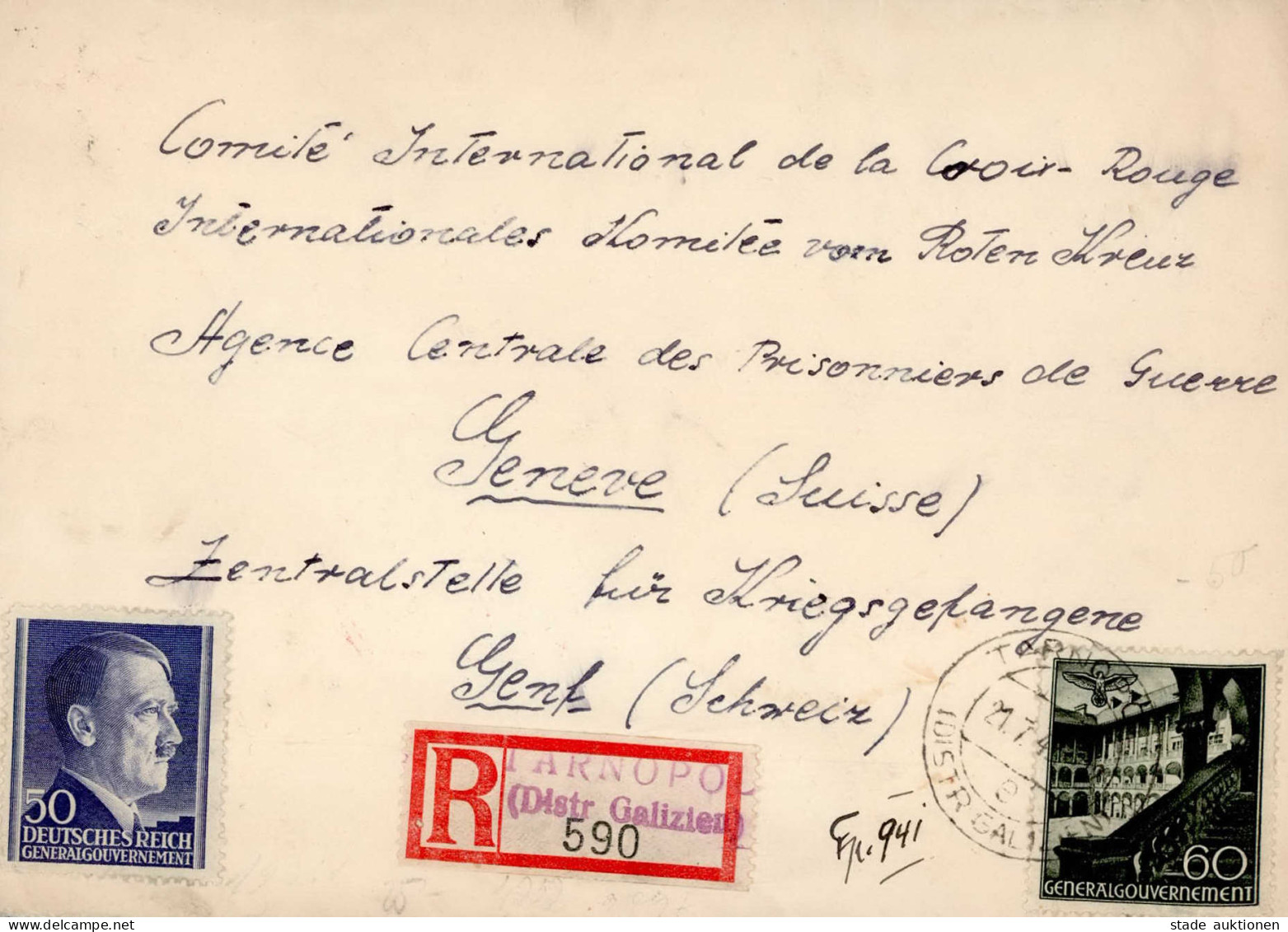 Kriegsgefangenen-Auskunft R-Brief Not R-Zettel Tarnopol (Galizien-heute Ukraine) Mit Frankatur Generalgouvernement An Da - Sonstige & Ohne Zuordnung