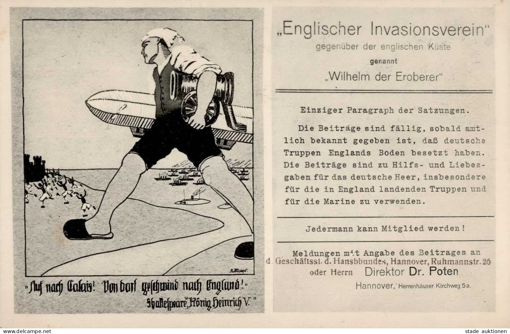 Propaganda WK I Englischer Invasionsverein  (Michel Mit Kanone U. Zeppelin) I Dirigeable - Weltkrieg 1914-18