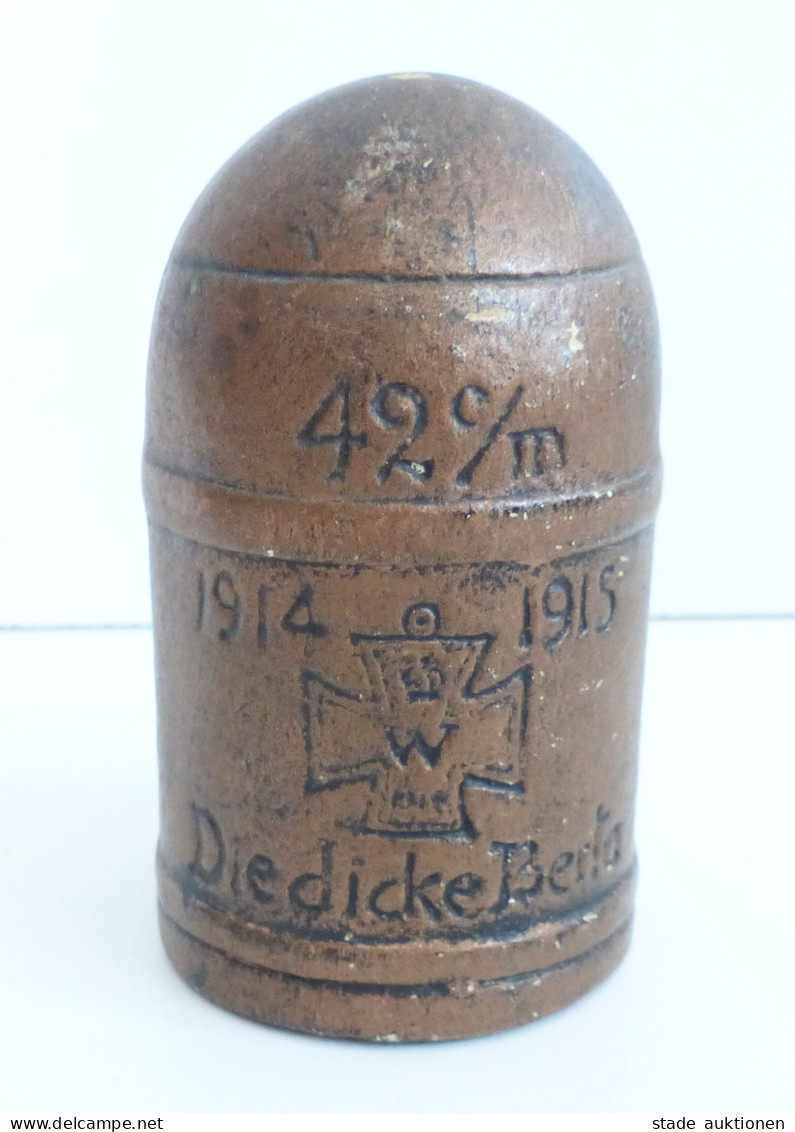 WK I  Kleine Sammeldose 1914/15 Aus Gips In Geschossform Die Dicke Berta 7,5cm Hoch I-II (Gebrauchsspuren) - Guerra 1914-18