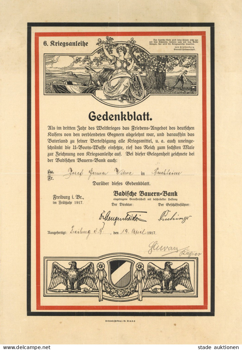 WK I Dokumente 6. Kriegsanleihe Gedenkblatt Der Badischen Bauern-Bank 1917 I-II - Guerre 1914-18