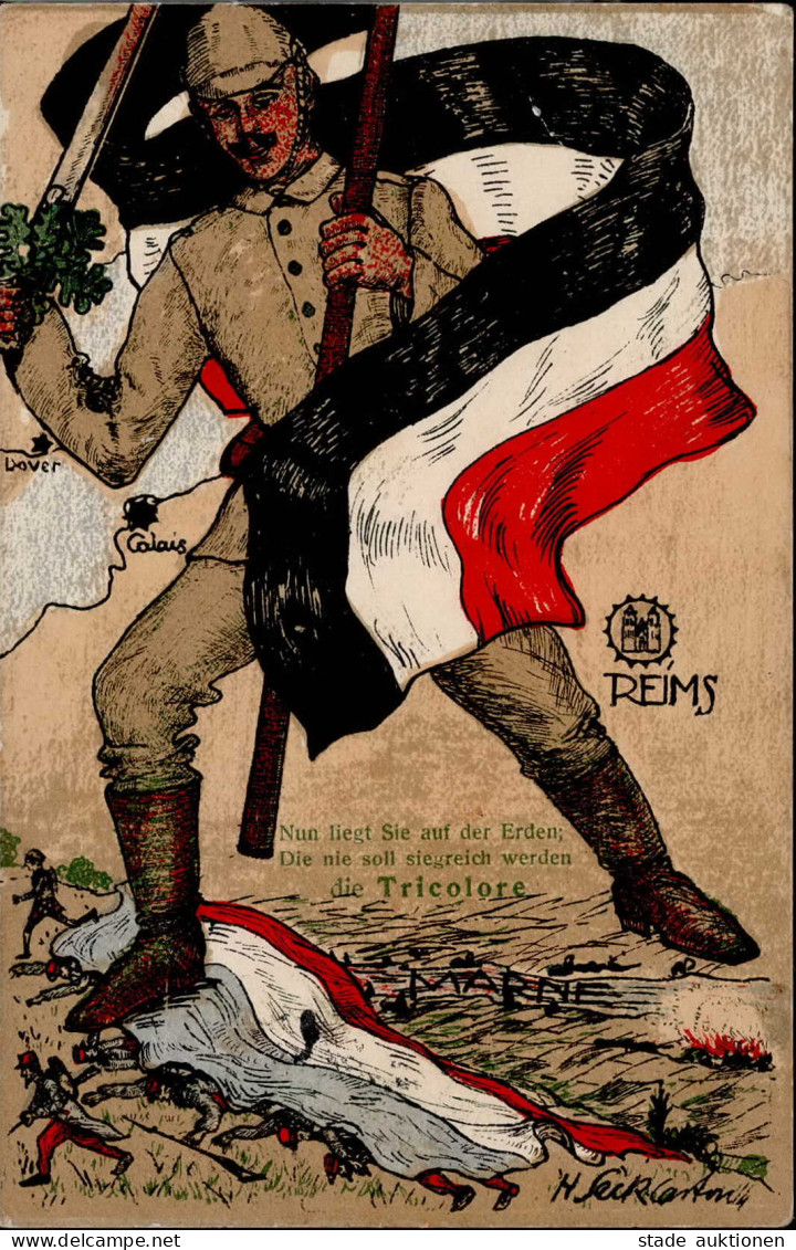 WK I Schwarz-Weiss-Rot Soldat Tricolore Künstlerkarte 1914 II (Eckbug, Ecke Gestaucht) - War 1914-18