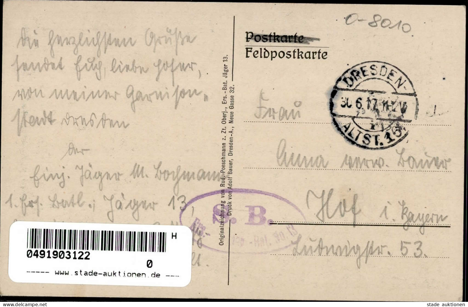 Regiment Dresden 2. Kgl. Sächs. Jäger-Batl. Nr. 13 Feldpostkarte 1917 I-II - Regimente