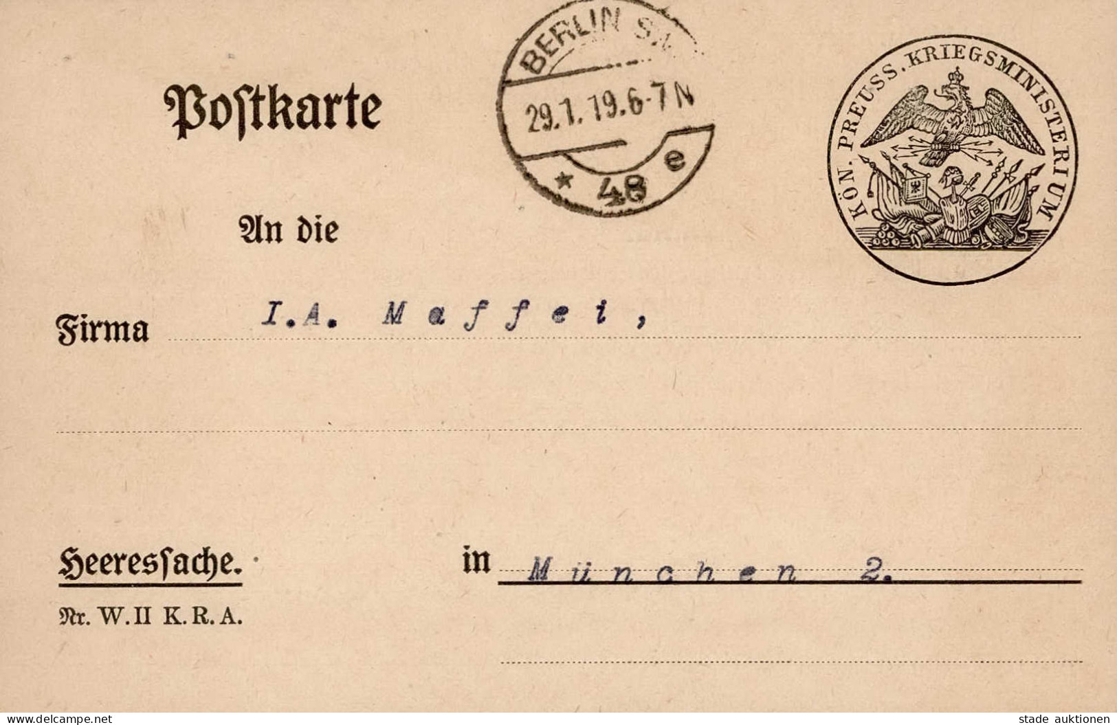 Feldpost WK I (Heeressache) Königlich Preussisches Kriegsministerium Geheime Registratur Der Sektion W.II Berlin 1919 - Other & Unclassified