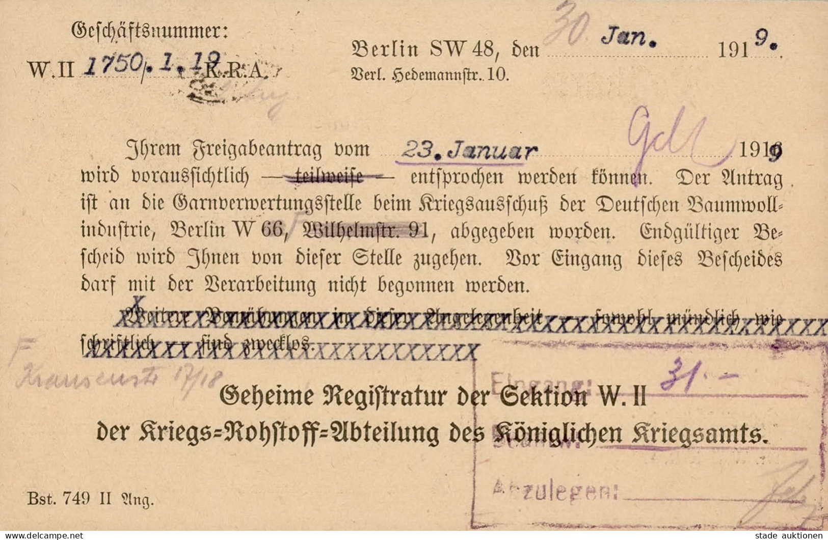 Feldpost WK I (Heeressache) Königlich Preussisches Kriegsministerium Geheime Registratur Der Sektion W.II Berlin 1919 - Autres & Non Classés