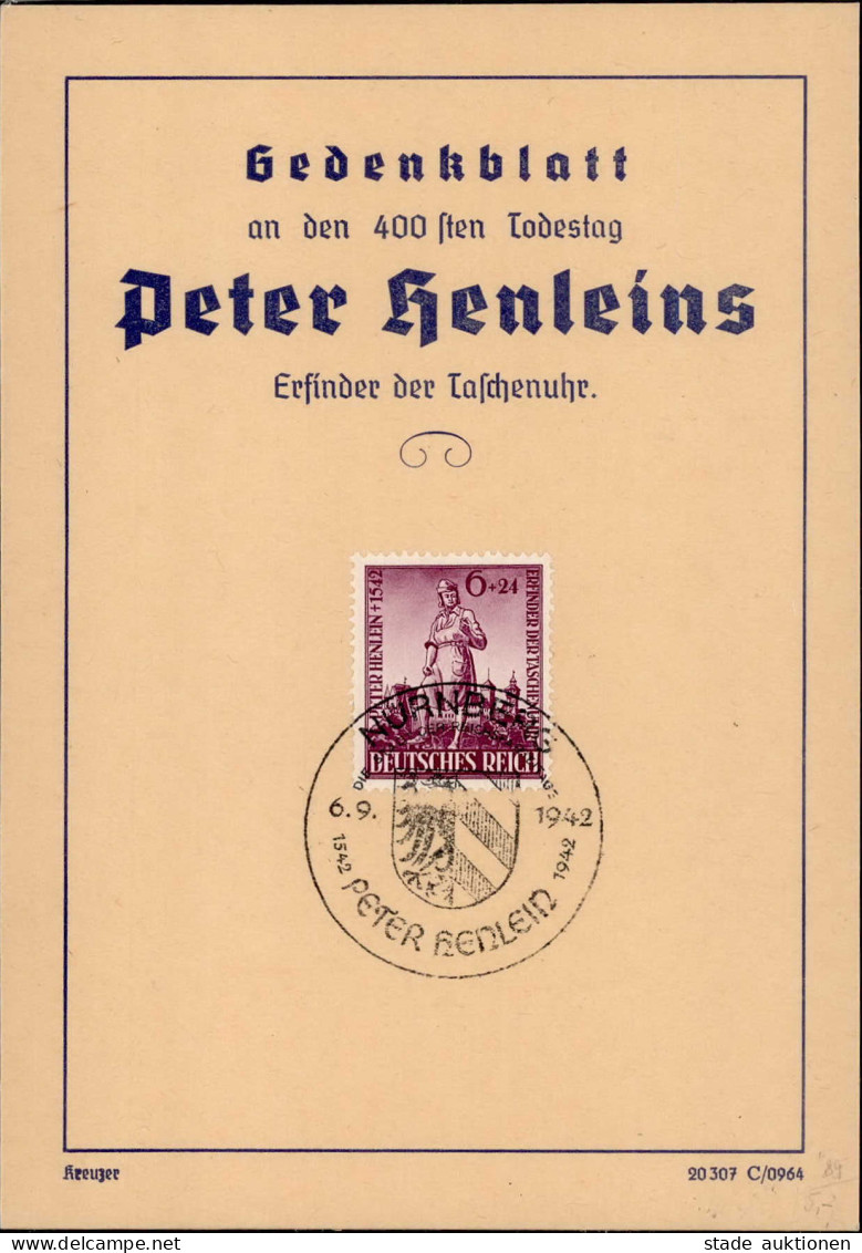 NS-GEDENKBLATT WK II - S-o NÜRNBERG 1942 Erfinder Der Tachenuhr I - Guerra 1939-45