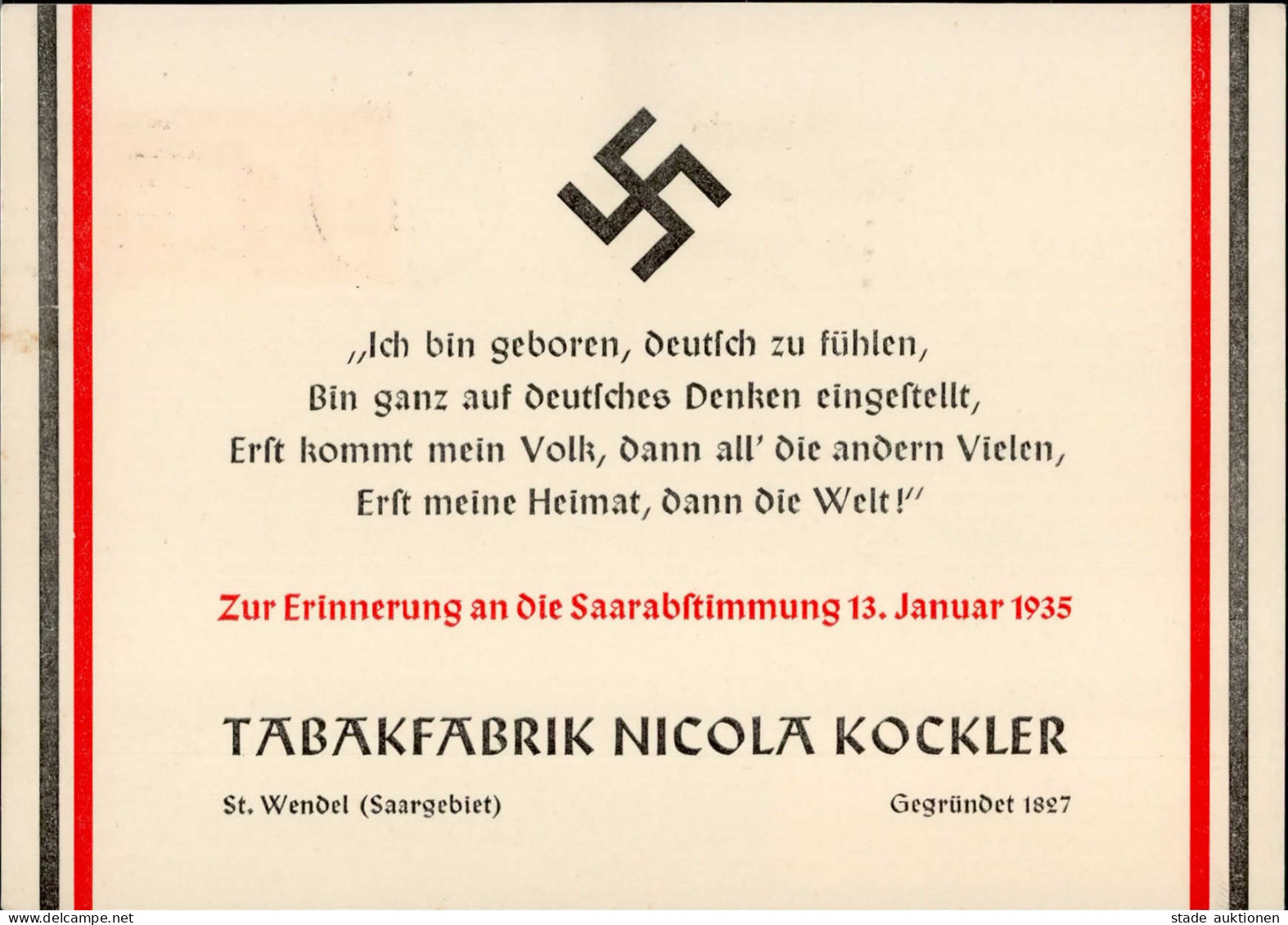 WK II Saarabstimmung 1935 Werbekarte Tabakfabrik Kockler, Nicola I-II - Guerra 1939-45