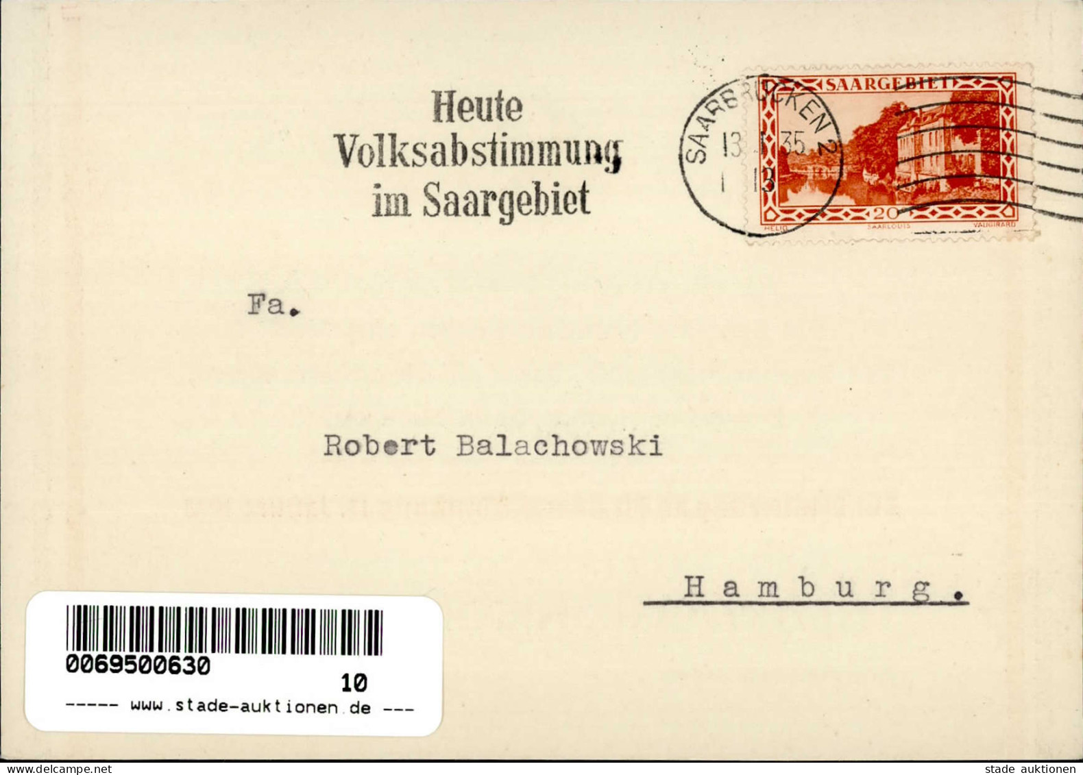 WK II Saarabstimmung Saarreferendum, St. Wendel (6690) Tabak Fabrik Nicola Kockler Korrespondenz I- - Weltkrieg 1939-45