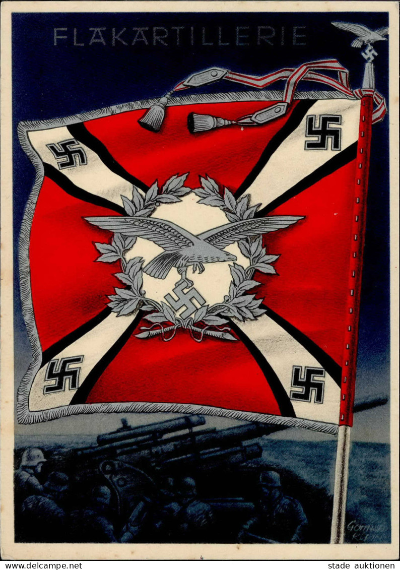 WK II Fahnen Und Standarten Karte Flakartillerie Sign. Gottfried Klein Wehrmacht I-II (VS/RS Fleckig, Mittelstauchung ) - Guerre 1939-45