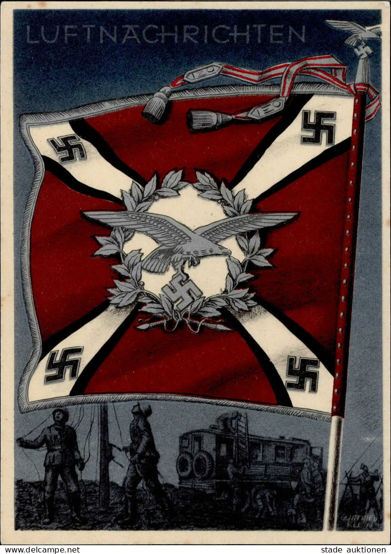 WK II Fahnen Und Standarten Karte Luftnachrichten Sign. Gottfried Klein Wehrmacht I-II (VS/RS Fleckig) - Guerre 1939-45