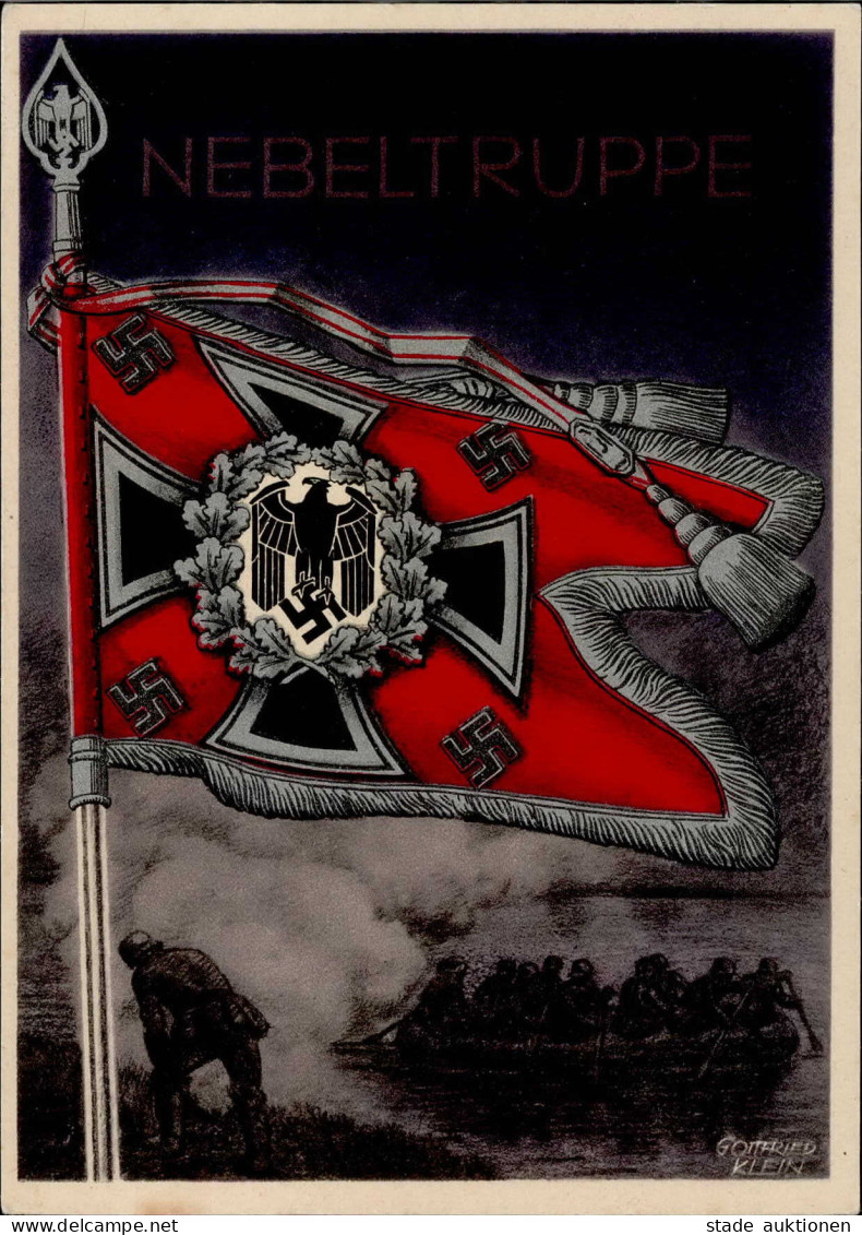 WK II Fahnen Und Standarten Karte Nebeltruppe Sign. Gottfried Klein Wehrmacht I-II (VS/RS Fleckig) - Guerra 1939-45
