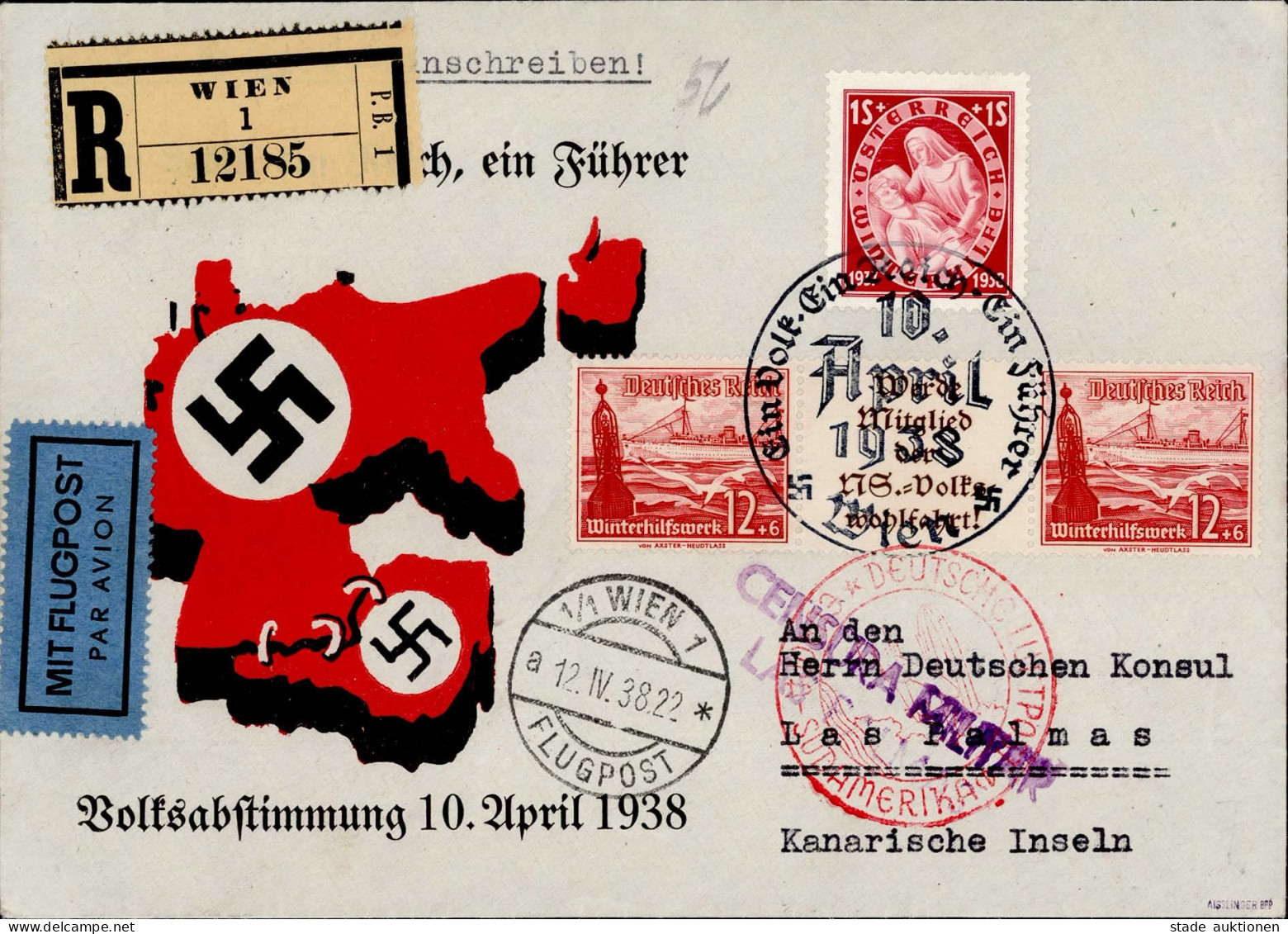 Ostmark (Österreich) Volksabstimmung 10. April 1938 Luftpost Nach Gran Canaria Mischfrankatur 3.Reich WHW/Österreich, Ze - War 1939-45