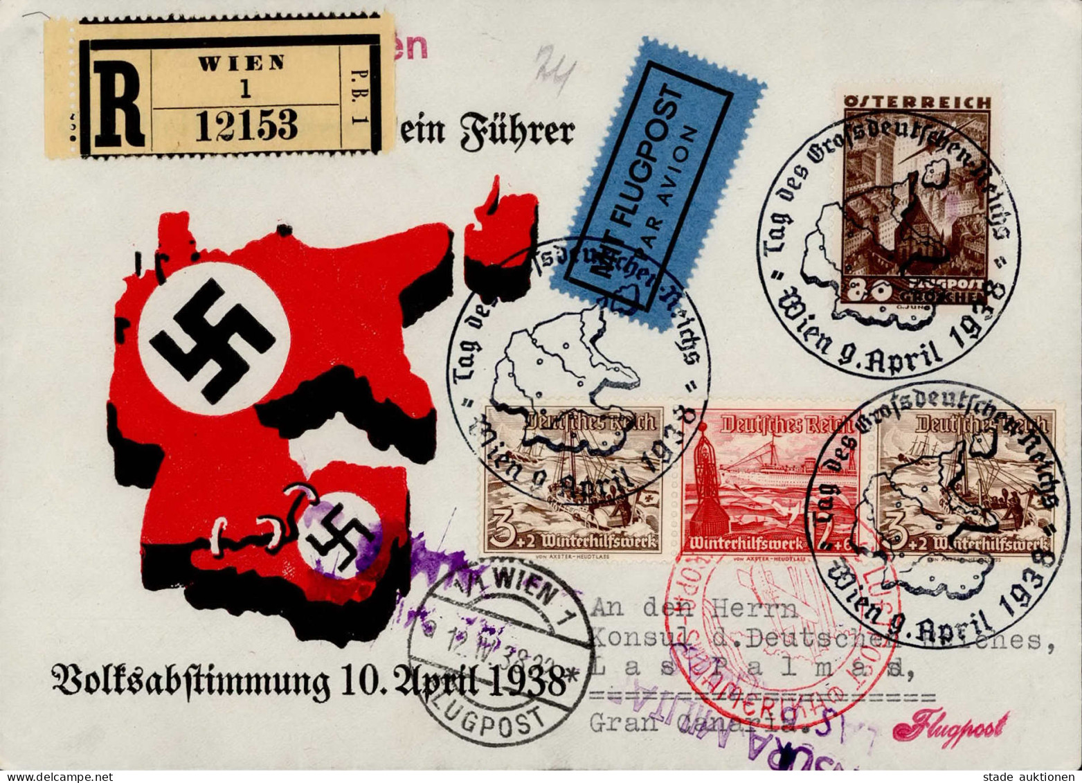 Ostmark (Österreich) Volksabstimmung 10. April 1938 Luftpost Nach Gran Canaria Mischfrankatur 3.Reich WHW/Österreich, Ze - Weltkrieg 1939-45