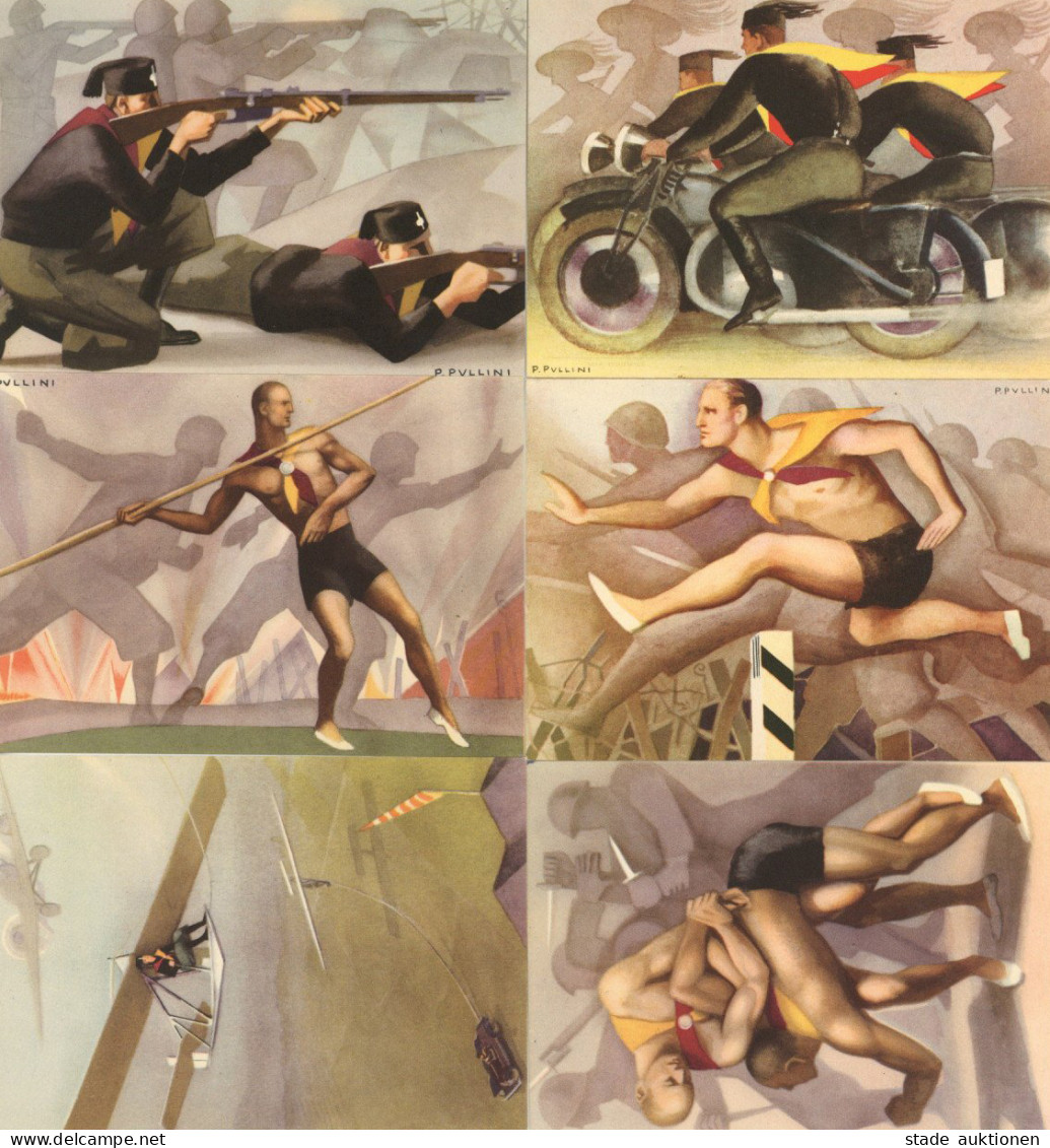Propaganda WK II - ITALIEN 6er-Künstler-Serie PREMILITARE Sign. P.PULLINI O COMANDO CAGLIARI I - Weltkrieg 1939-45