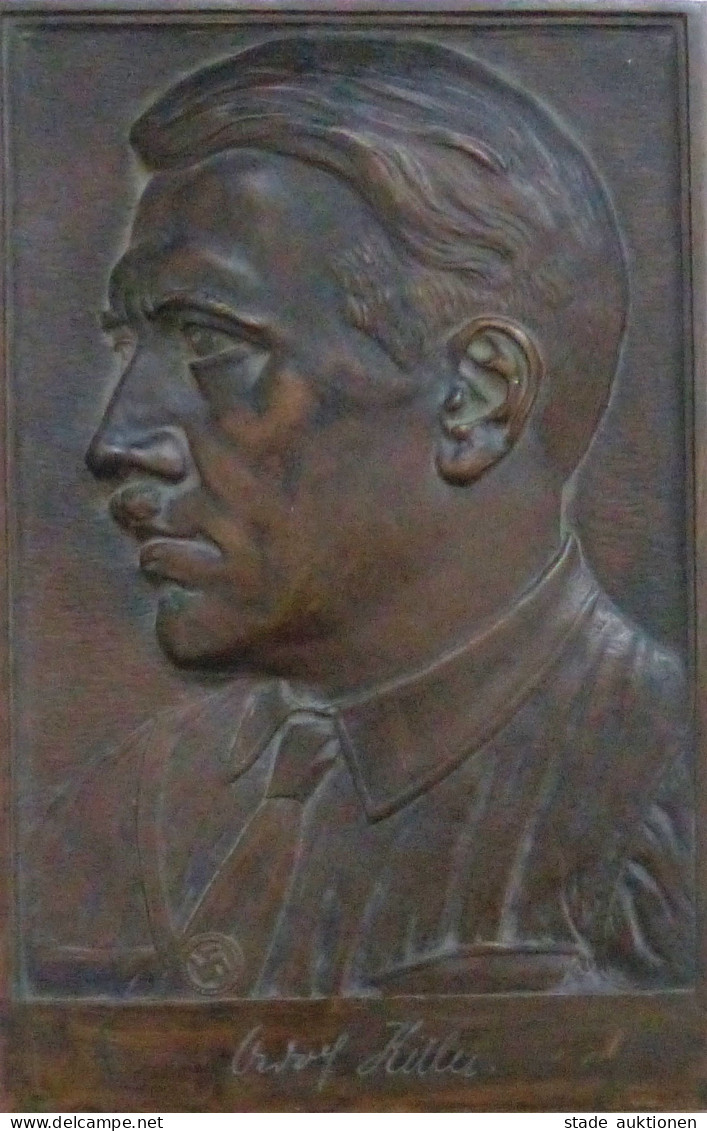 Hitler Bronzetafel, Hohlguss, Brustbild Adolf Hitler Darunter Unterschrift 254x165 Mm Ca. 800g - Personaggi