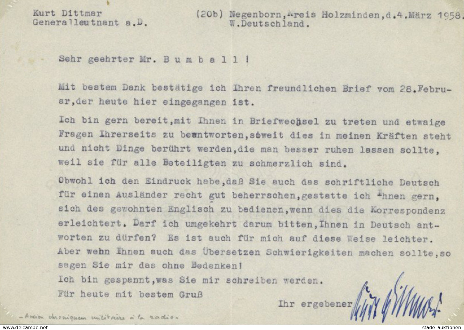 WK II Dittmar, Kurt Generalleutnant A.D. Brief Original Unterschrift I-II - Personaggi