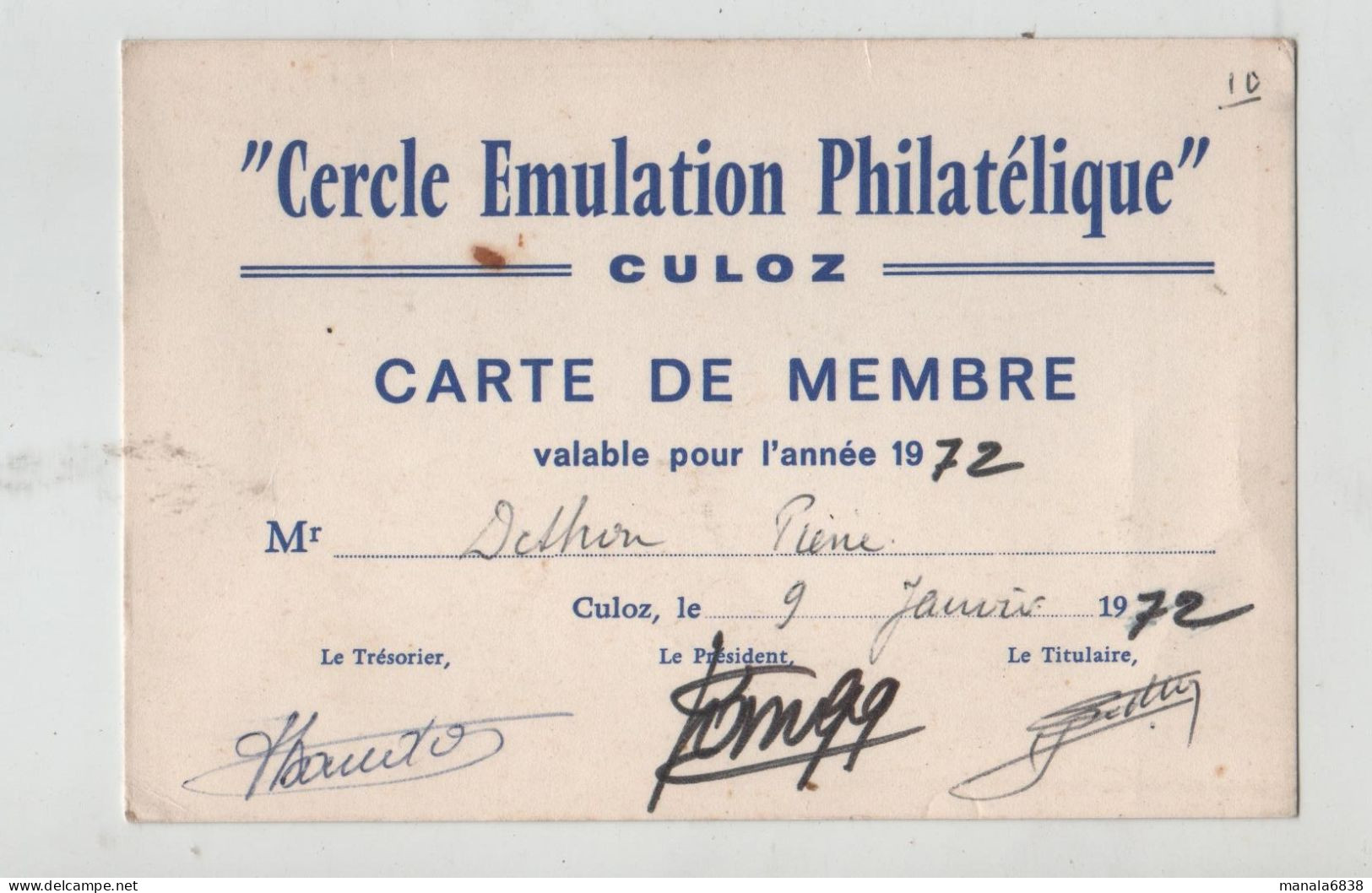 Cercle Emulation Philatélique Culoz Dethon 1972 - Membership Cards