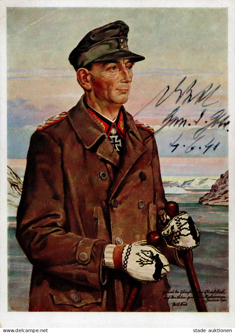 Ritterkreuzträger Dietl, Eduard General Der Gebirgstruppen UNTERSCHRIFT Auf Künstlerkarte 4.6.1941 I-II (Eckbug, Fleckig - Guerre 1939-45