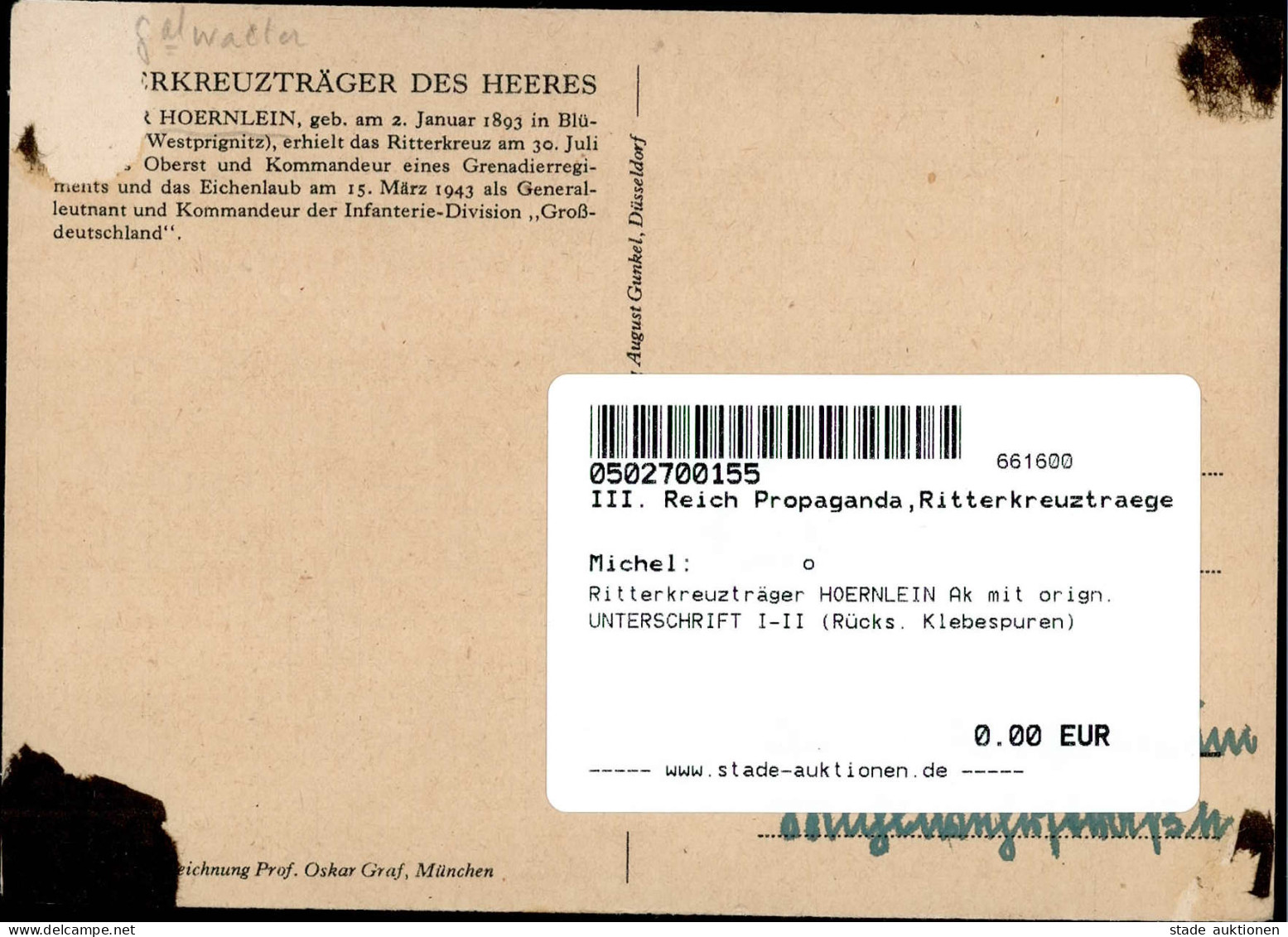 Ritterkreuzträger HOERNLEIN Ak Mit Orign. UNTERSCHRIFT I-II (Rücks. Klebespuren) - War 1939-45