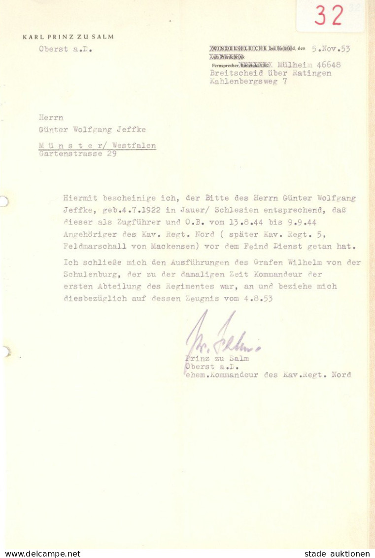 Ritterkreuzträger WK II Prinz Zu Salm, Karl Brief Vom 5. Nov. 1953 Mit Original-Unterschrift II - Weltkrieg 1939-45