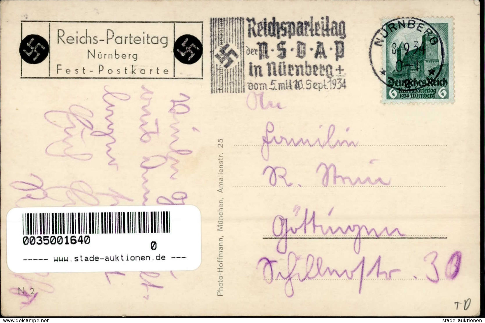REICHSPARTEITAG NÜRNBERG WK II - PH N 2 Festpostkarte S-o 1934 I - War 1939-45