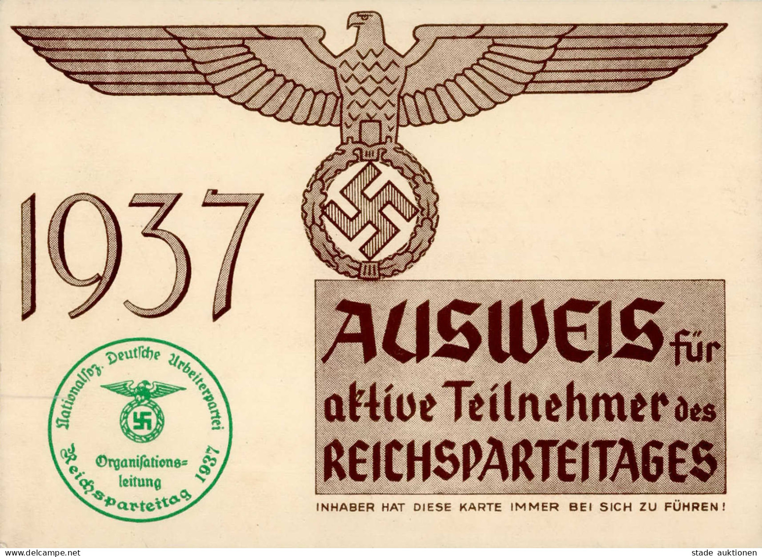 Reichsparteitag WK II Nürnberg (8500) Ausweis Für Aktive Teilnehmer 1937 I-II - Weltkrieg 1939-45