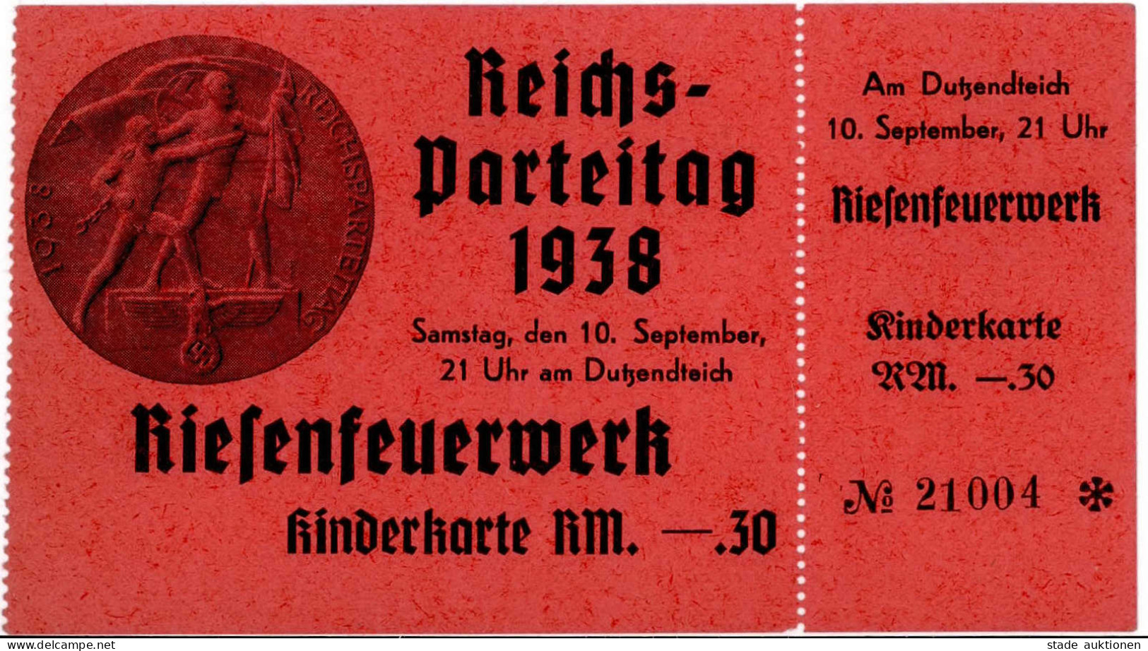 Reichsparteitag WK II Nürnberg (8500) Kindereintrittskarte Riesenfeuerwerk 10. Sep. 1938 (7cm X 13cm) Nicht Entwertet I- - Weltkrieg 1939-45
