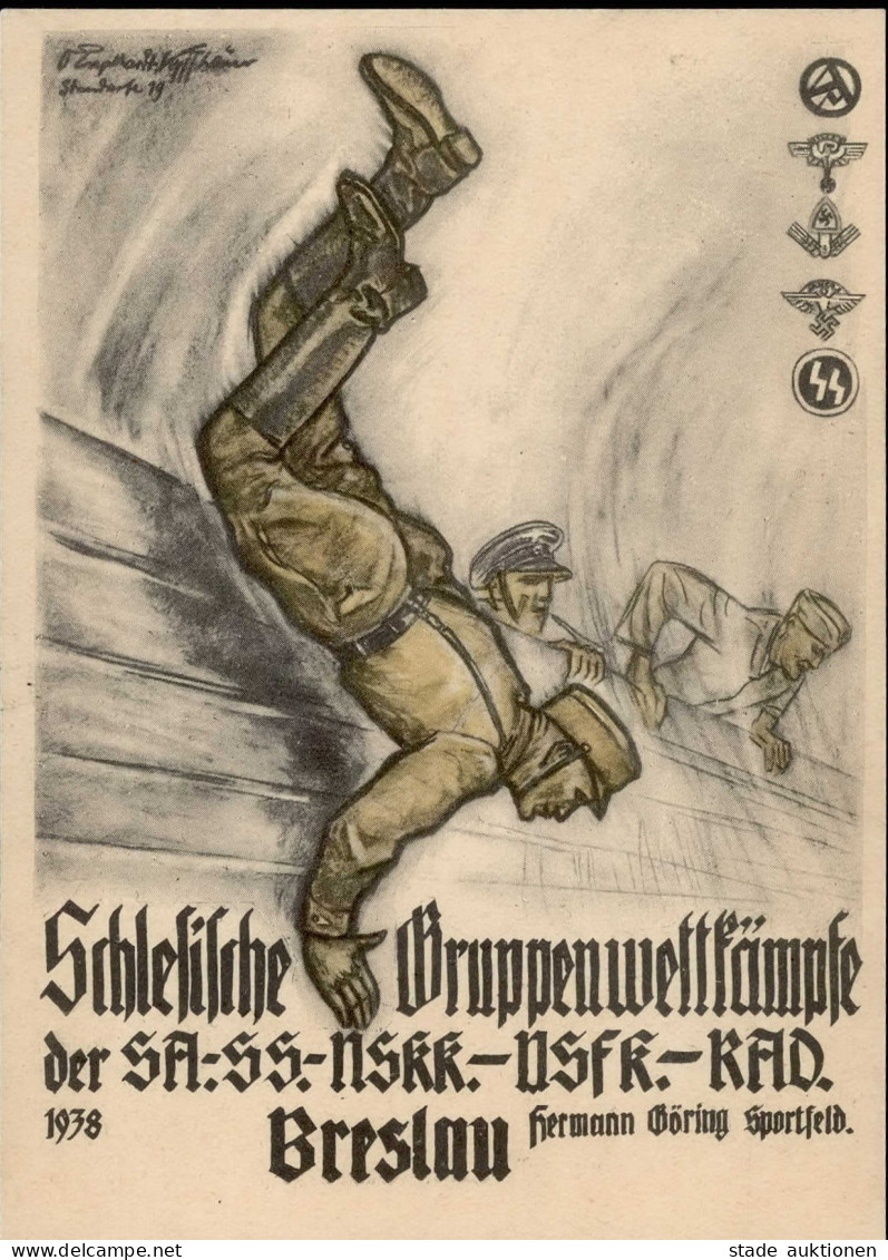 BRESLAU WK II - SCHLESISCHE GRUPPENWETTKÄMPFE Der SA - SS - NSKK - NSFK Und RAD Breslau 1938 Sign. Künstlerkarte Standar - Weltkrieg 1939-45
